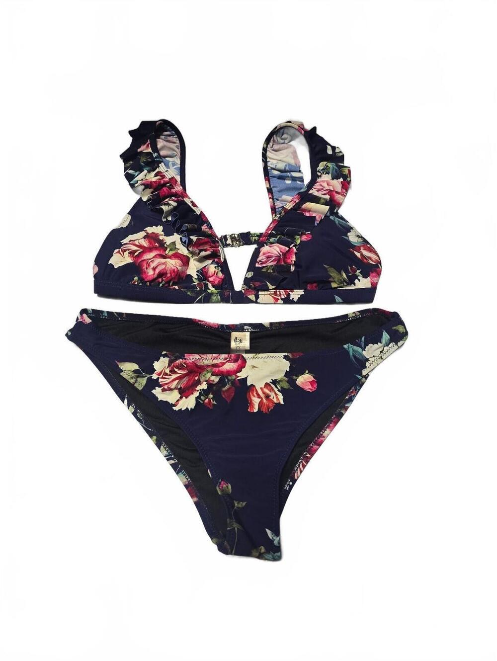 CUPSHE Women’s Size M Navy Floral Ruffle Bikini Two Piece Swimsuit